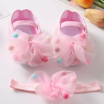 Нова детски обувки за 0-18 месеца, комплект с превръзка на главата, прекрасен лък, ремък за принцеса, детски обувки на еластична подметка