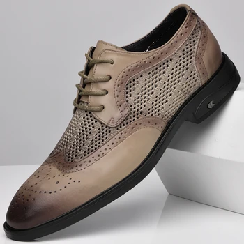 Луксозни Мъжки кожени обувки-oxfords на дебела подметка с остри пръсти и шнур, дизайнерски мъжки обувки, Модни Нова мъжки обувки с изрези