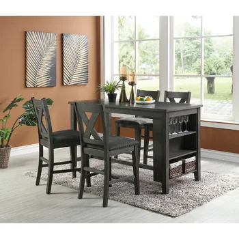 Модерен тъмно кафяв тапицерия маса за Хранене с височина 5 см с рафтове за съхранение, 4 високо столче за хранене, Дървена Кухня