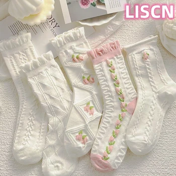 LISCN 2023 Нови Чорапи Ins с цветен модел, Средната тръба, Памук Чорап в лента за жени и Момичета, тънки Летни чорапи дишащи за екипажа, студентски