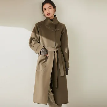 Висококачественото двустранно кашемировое палто в стил смяна, дамско дантелено вълна палто ръчно изработени, есента и зимата по-дълга вълна палто