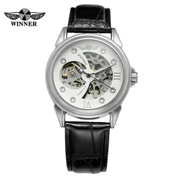 Модерен мъжки часовник Winner, висок клас на марката механични часовници с ръчно от кожена кристал класически аналогов каишка, ежедневни ръчен часовник, златен Цвят, черен