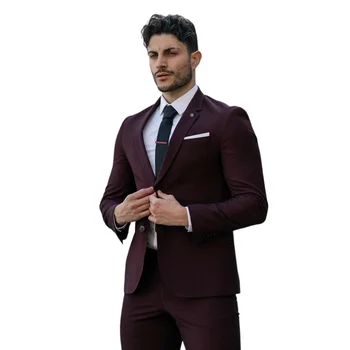 Бордо обикновен мъжки костюми, модни приталенные, 2 броя, однобортное палто, панталон, модерен дизайн, сватбени костюми, мъжки костюм