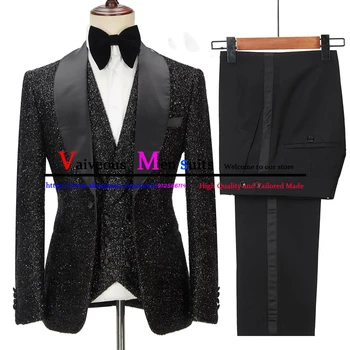 Блестящо черно палто, панталон, смокинг, модерен мъжки костюми, 3 предмет, костюми за сватбеното парти на булката по поръчка, оборудвана мъжки костюм
