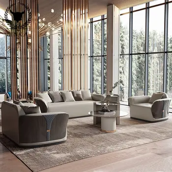 Луксозен кожен диван от масивно дърво, комбинирана всекидневна, просто къща, модерен висококачествени мебели C3, Новости