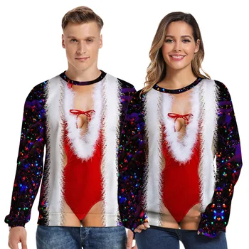 Унисекс, Грозна Коледа мъж жена пуловер с забавен принтом, hoody с дълъг ръкав и кръгло деколте, ежедневни свободни топове