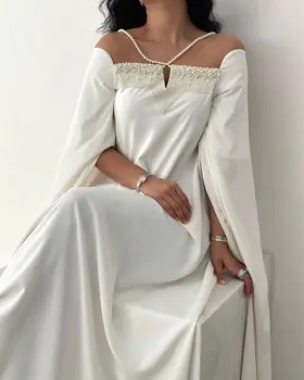 Мерида, бели перлени мъниста, рокли за абитуриентски бал 2023, шифон с открити рамене, Саудитска Арабия, елегантни вечерни рокли за жени
