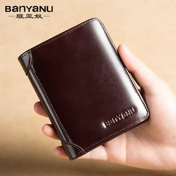 BANYANU Нов автентичен кратък мъжки портфейл, кожени мъжки портфейли със защита от радиочестотна идентификация, класически портфейл, държач за карти, мъжки модерна чанта с високо Качество