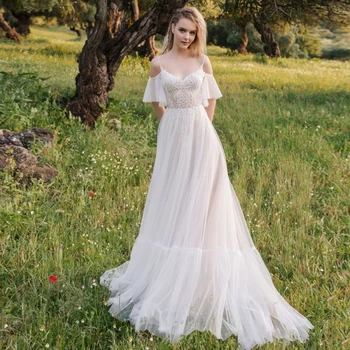9630#Скромна сватбена рокля трапецовидна форма от тюл 2021, Секси сватбени рокли за бретелях-спагети с открити рамене и аппликацией