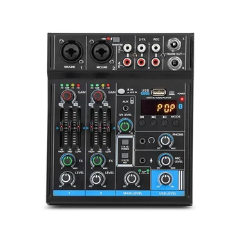 4-Канален мини-аудиомикшер Bluetooth, звукова карта, аудио DJ, 16 цифрови ефекти, конзола за намаляване на шума, USB запис