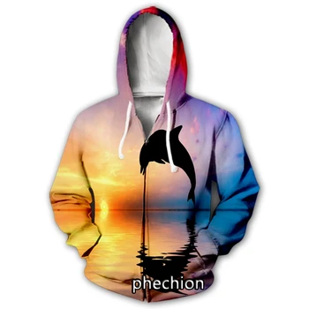 phechion/нови мъжки/дамски ежедневни блузи с цип с 3D принтом Sunset Dolphin, модерно палто, облекла в стил хип-хоп, потници, спортни жилетки с цип, с качулка, B93