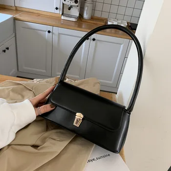 Однотонная чанта през рамо от изкуствена кожа, нова елегантна чанта с брава и ключалка, проста елегантна чанта за подмишниците, Модни универсална темпераментен чанта