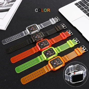 Флуоресцентен Цвят Прозрачен correa за Apple Watch Band 7 41 мм 45 мм 6 5 4 3 Каишка за часовник С Линия Гривна за iWatch 7 44 40 42 38 мм