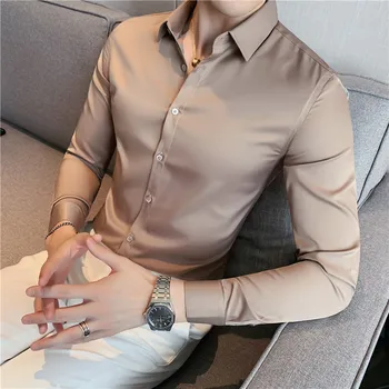 11 основни Цвята на мъжки ризи есенни бизнес копринени мъжки ризи с дълги ръкави на корейския дизайнер Slim Fit Camisa Social Masculina