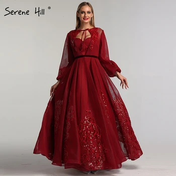 Вино-Червено Секси вечерни рокли с дълъг ръкав 2023 От тюл с цветя и ръчно с пайети, Дълги вечерни рокли Serene Hill BLA60810