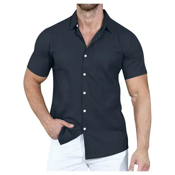 Реколта обикновена рокли-ризи, летни класически ежедневни ризи с копчета и къс ръкав Regular Fit, блузи M-xxl camisa hombre