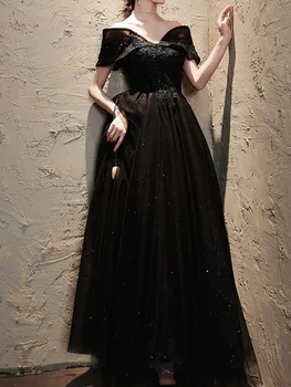 Черни вечерни рокли с отворени рамене, елегантни рокли за бала без ръкави с дантела отзад