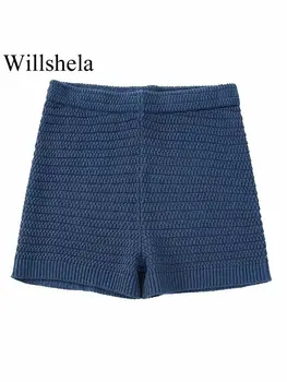 Willshela Дамски модни сини обикновена плетени шорти Реколта с високо еластична талия Дамски къси панталони и шикозни