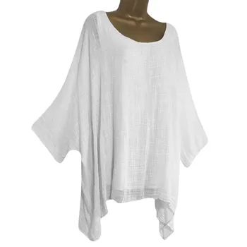 Асиметрични блузи от памук и лен, по-големи размери, дамски ежедневни свободни памучни ленени обикновен потник, риза, блуза Оверсайз