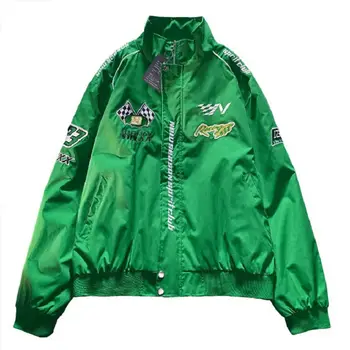 Американската реколта зелена бейзболна базова яке Cyber Y2k Пролетно облекло за Techwear Свободна дамски дрехи BF Мъжки зимни връхни дрехи