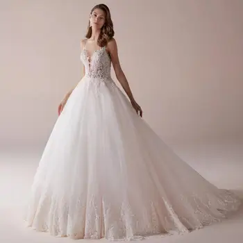 Сватбени рокли принцеса в бохемски стил с дълбоко V-образно деколте и с отворен гръб, бална рокля от тюл без ръкави с аппликацией, сватбената рокля трапецовидна форма, Vestidos De Новия 2023