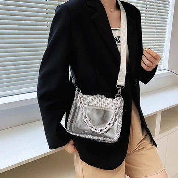 Дамска чанта, прозрачни торбички от PVC с кристали, мода лято лъскава желейная чанта, дамска чанта от дебела верига, чанта-тоут, портфейл