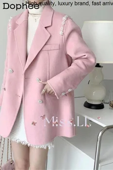 Новост зимата, есента розов костюм, яка, с мъниста, обръща кашемировое палто, висококачествен темпераментна двубортный вълнен блейзър за жени