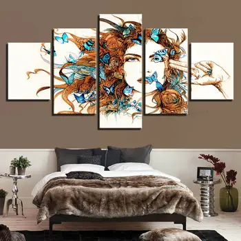 Красива Жена и Синя пеперуда, 5 панели, печат върху платно, стенно изкуство, Начало Декор, HD Печат на снимки, плакат без рамки, Картини от 5 теми