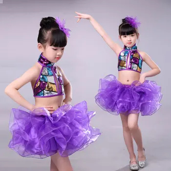Детски етап танцови костюми за момичета, танцови, балетное рокля-пакетче с пайети за момичета, лилаво балетен танцов костюм за изяви