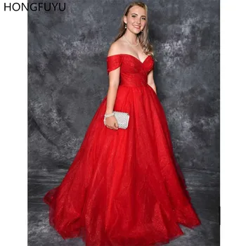 HONGFUYU, червени вечерни рокли за бала с открити рамене, женски празнична рокля, дълга празнична рокля от тюл трапецовидна форма, елегантни вечерни рокли
