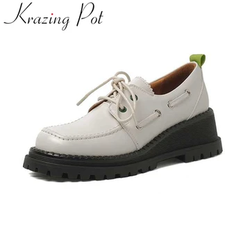 Krazing Pot/ Дамски обувки от Спилка от телешка Кожа, с кръгли пръсти На висок Ток и Танкетке, Класически и Ежедневни Пролетно Обувки, Ежедневни Облекла, дамски обувки-лодка в Консервативна Стил, L44