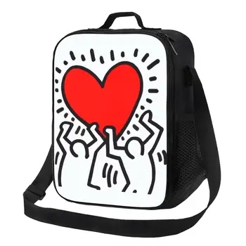 Изработена по поръчка чанта за обяд Haring Red Love с графити, дамски топло чанта-хладилник, изолирани обяд-апарати за детски училище