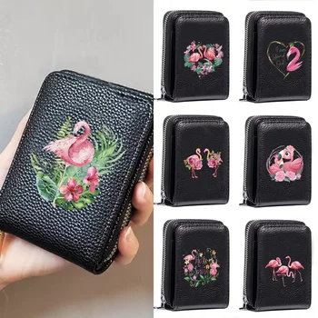 Държач за карти, дамски портмонета на мълния, Подаръци, изчистен нов портфейл от изкуствена кожа с принтом фламинго, мъжки персонализирани черен портфейл за ръце