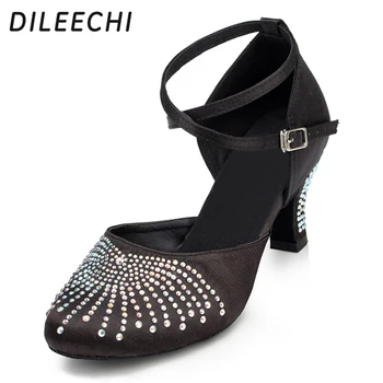 DILEECHI/ червено-черни обувки за латино танци цвят на кожата, женски обувки за възрастни, сатен квадратни женски обувки за танци с диаманти, обувки за танци балната зала