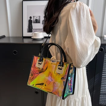 Модни дамски чанти с лазер, благородна жена е малка прозрачна чанта през рамо от PVC, ежедневни нова дамска чанта-месинджър през рамо