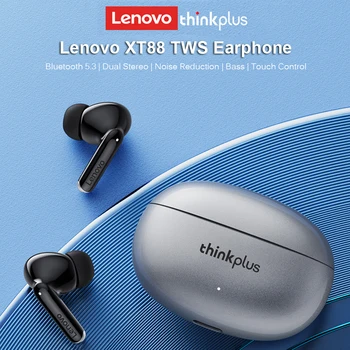 Безжични слушалки Lenovo XT88 TWS Bluetooth 5.3, двойна стерео слушалки с шумопотискане, спортни слушалки с докосване бас, втулки
