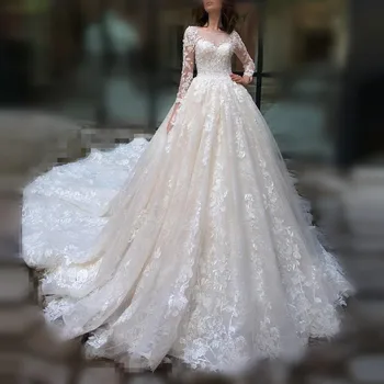 Бална рокля на принцеса Сватбена рокля на булката с дълъг ръкав и кръгло деколте плюс размер robe de mariee Дантелено сватбена рокля с мъниста
