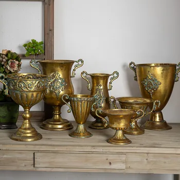 Стари саксии за цветя от златисто-желязо, европейският класически саксия във формата на Купа, Градински саксии и саксии, вази за Грут, декор за домашно градинарство