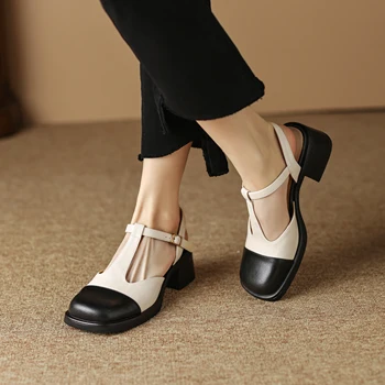Phoentin/2023; летни дамски сандали в ретро стил от естествена кожа с Тобразным каишка; цветни обувки на дебел висок ток с кръгла пръсти; FT2284
