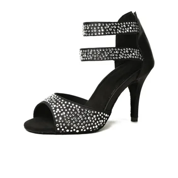 Дамски обувки за балните латино танци, черни сандали за салса, дамски обувки на висок ток 8,5 cm, обувки за партита в стил самба танго