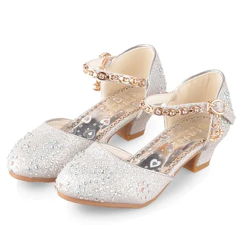 Блестящи сандали за момичета, детски обувки на висок ток, детски сандали с декорация във формата на кристали, детски обувки на принцесата за подиум
