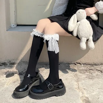 Lady JK, Японски Дълги Чорапи до Коляното Свързани с Лък в Готически Стил, Бельо, Женски Сладки Обикновена Бели Черни Чорапи в стил Лолита 