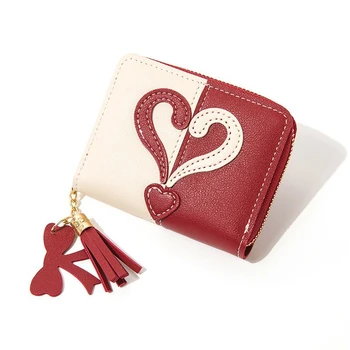Жена чантата със сладък студентски окачване с пискюли, кратък чантата си, просто чантата с цип, едно малко сърце, Пу-портфейл, чанта, дамска чанта за карти