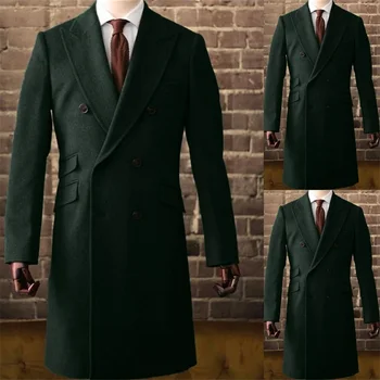 Вълнена мъжко палто от тъмно зелено, двубортное дълга козина, плътна, топла ежедневни бизнес официалната зимно яке на поръчка