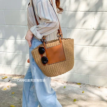 Модни сламени Чанти, кошници, дизайнерски оплетени от въжета Дамски чанти на рамо, лятна плажна чанта през рамо от изкуствена кожа в стил мозайка, голяма чанта-тоут