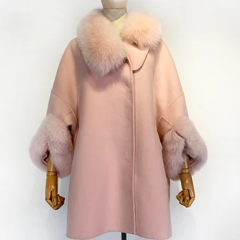 Вълна палто с ръкав M 3/4, Кожа яка и маншети на ръкавите, женствена вълна палто