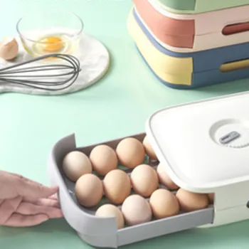 Държач за яйца в хладилника, който запазва свежестта, Разтегателен кухненски кутия за съхранение, Спестяващ място в дома, Кутия за съхранение на храна с капак, Кутия за яйца