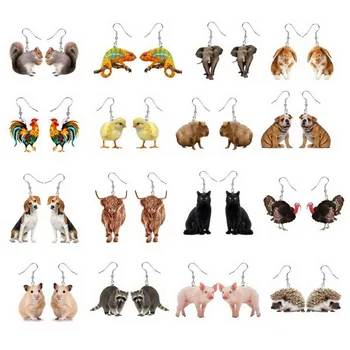 Дамски обеци с забавен акрилно принтом под формата на животно, черна котка, модни сладки обеци във формата на заек, куче, свиня, кавайные обеци-хамелеон за момичета
