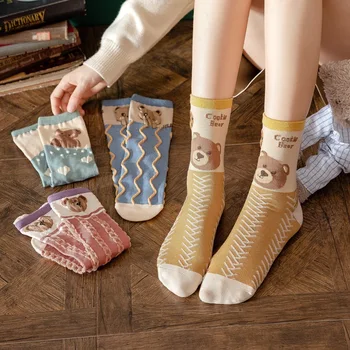 Есен-Зима 2022, Нови дизайнерски чорапи с шарките на Kawai, памучни чорапи с японски мечка, сладки чорапи, сладки чорапи в стил чистота