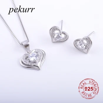 Pekurr 925 Сребро, Обици-колиета с Кристали и Скъпоценни Камъни във формата на Сърце, Комплекти За Жени, Сватбени Висулки във формата на Куха Сърцето, Комплект за бижута
